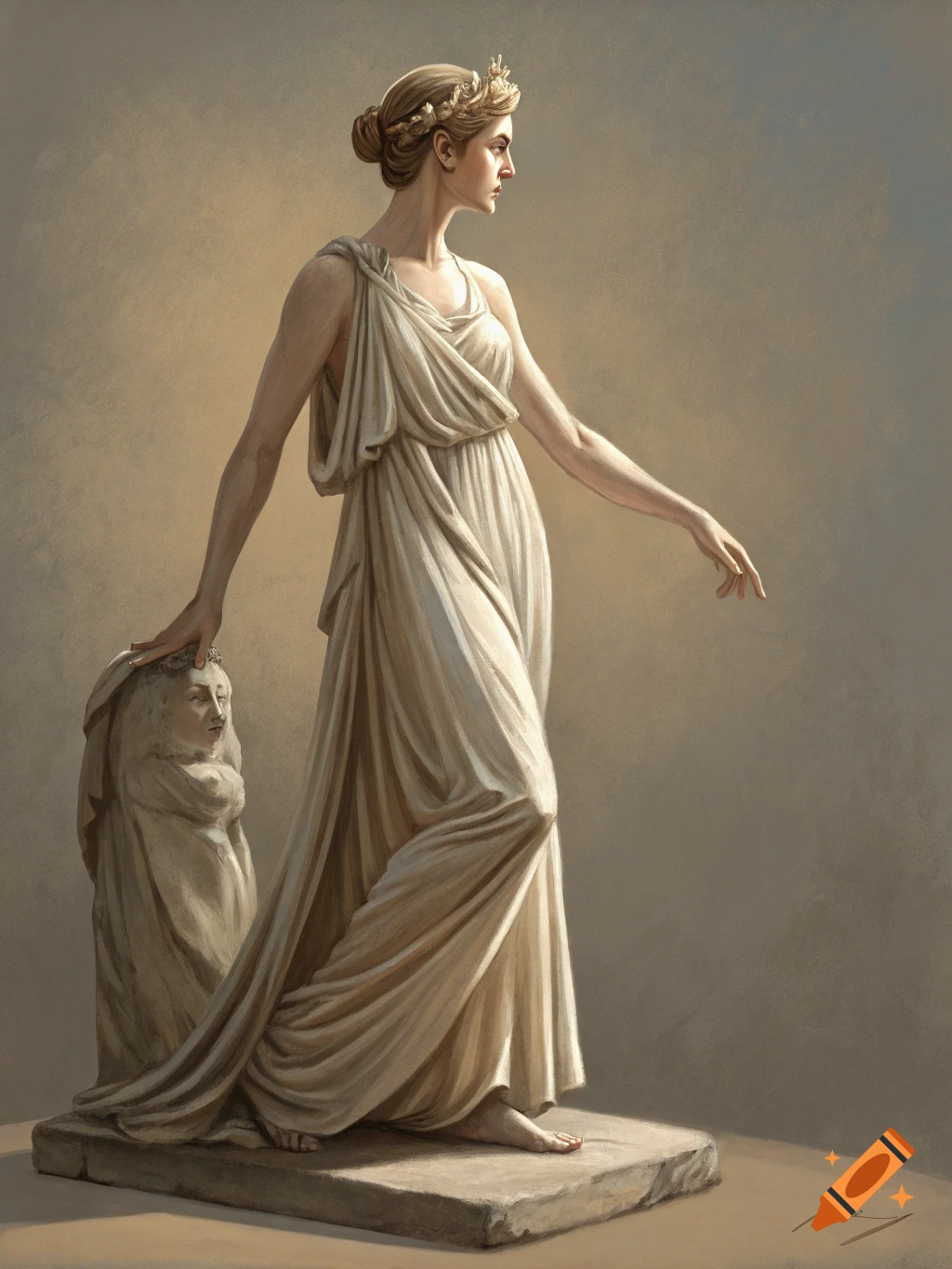 A classical-style painting of a draped female figure standing next to a bust.