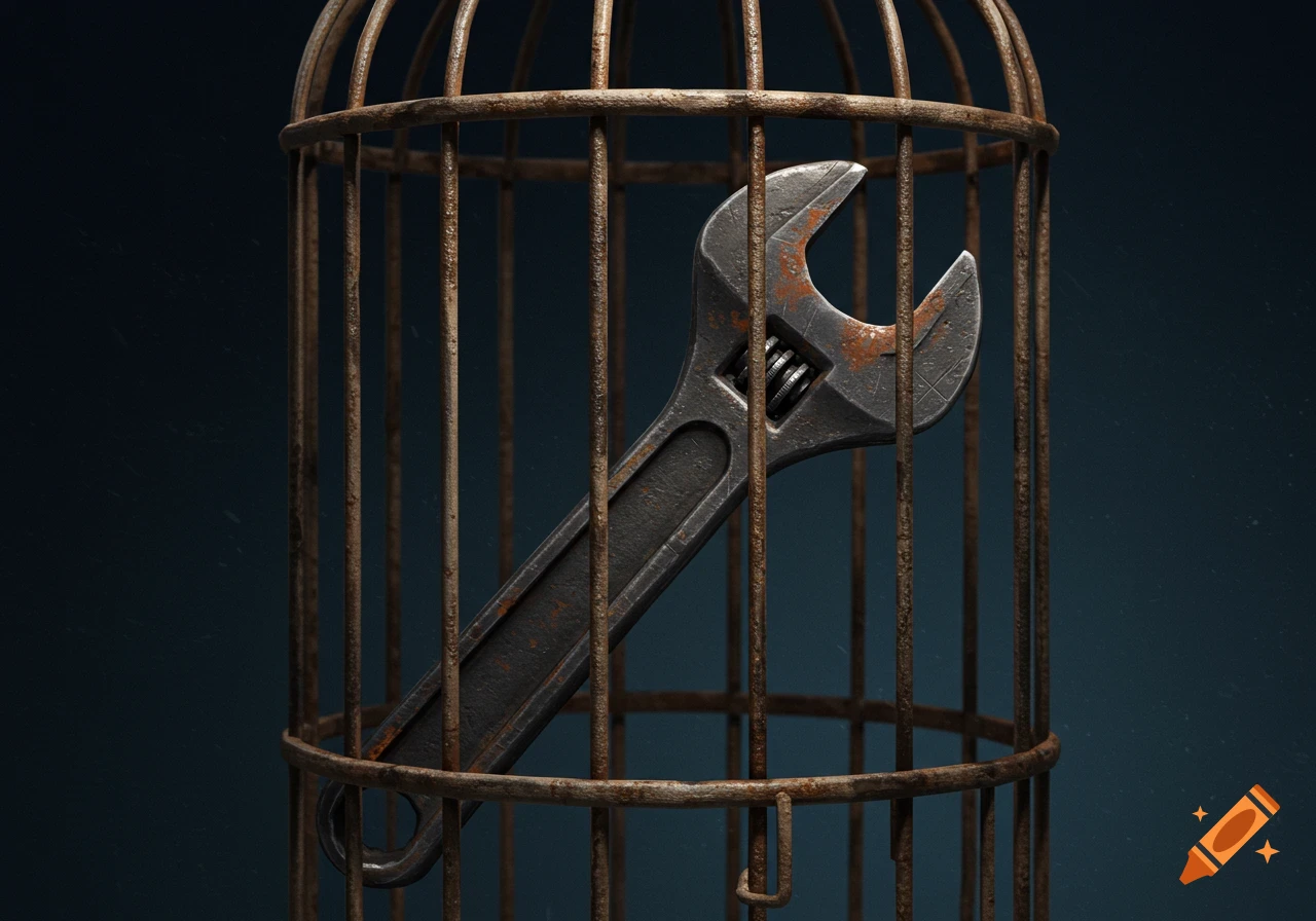 A rusty wrench sits inside a rusty metal bird cage.