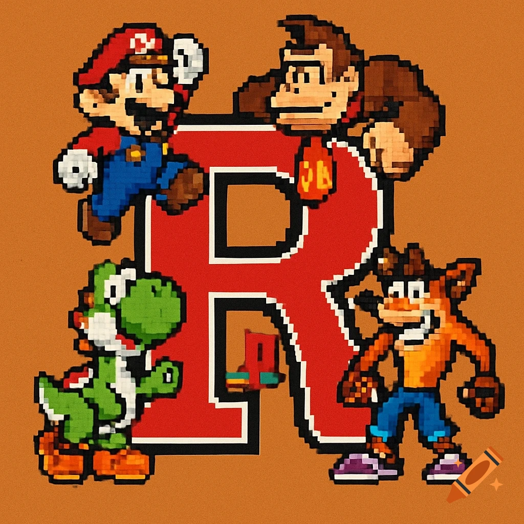 Pixel art of video game characters Mario, Donkey Kong, Yoshi, and Crash Bandicoot around a large red letter R.