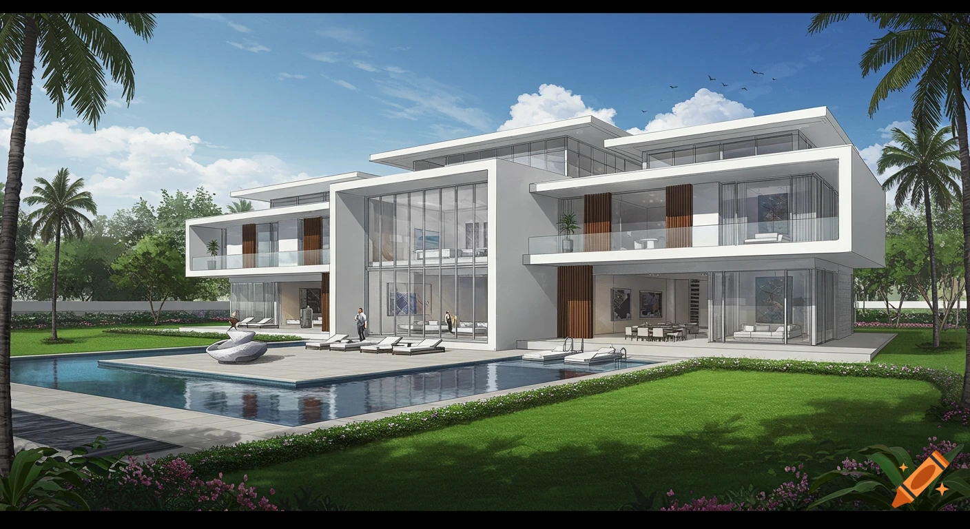 A large, luxury modern white villa with flat roofs, glass walls, a swimming pool, palm trees, and a green lawn under a sunny sky.