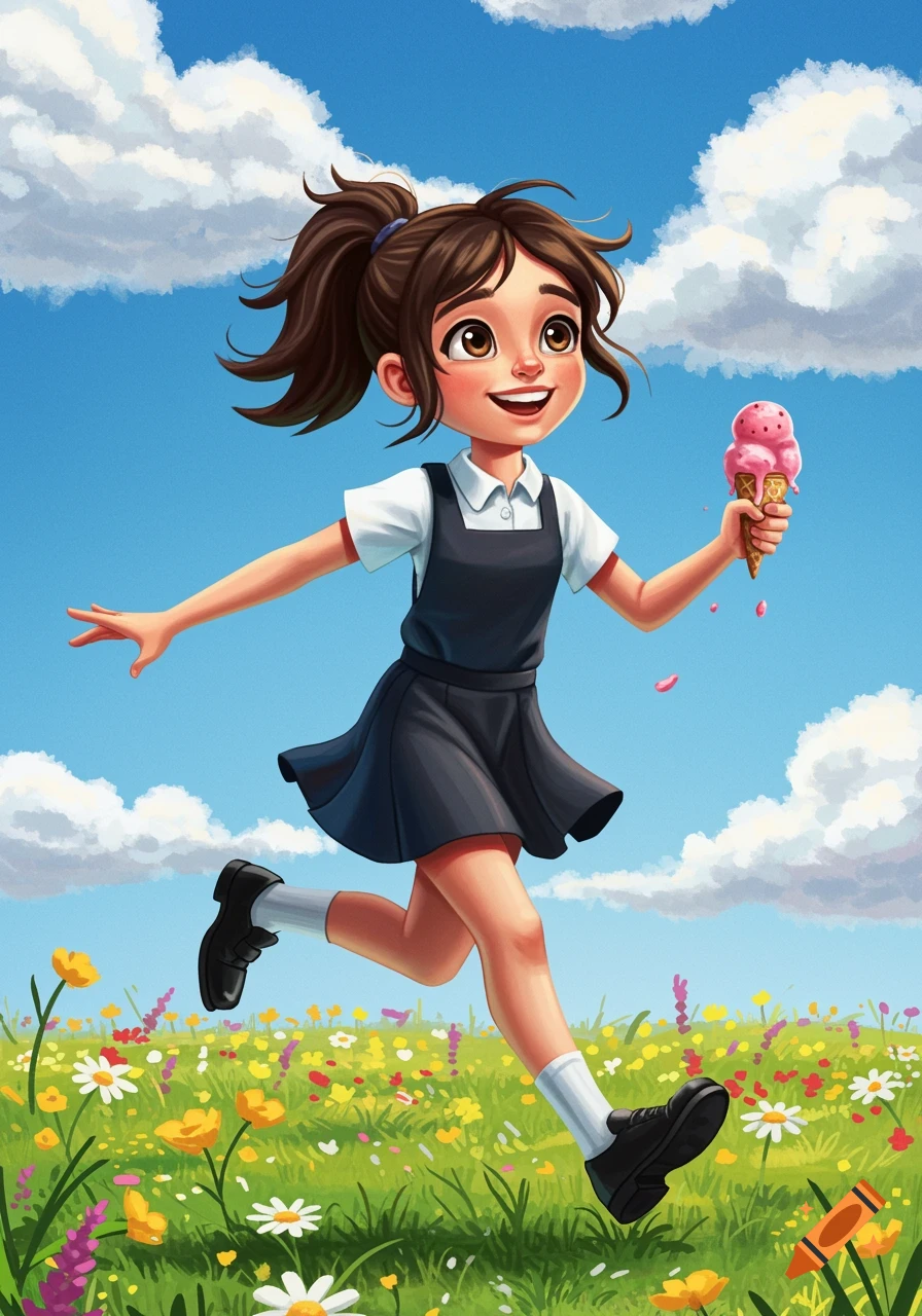 Cartoon illustration of a girl skipping through a field of flowers holding an ice cream cone
