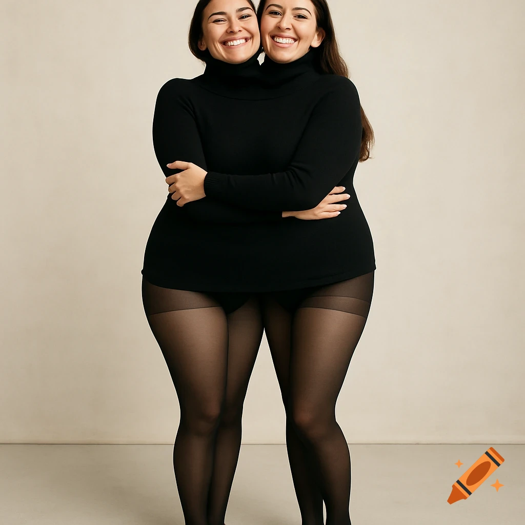 Two women appear merged into a single figure with two heads, wearing a black turtleneck and tights, hugging in a studio setting.