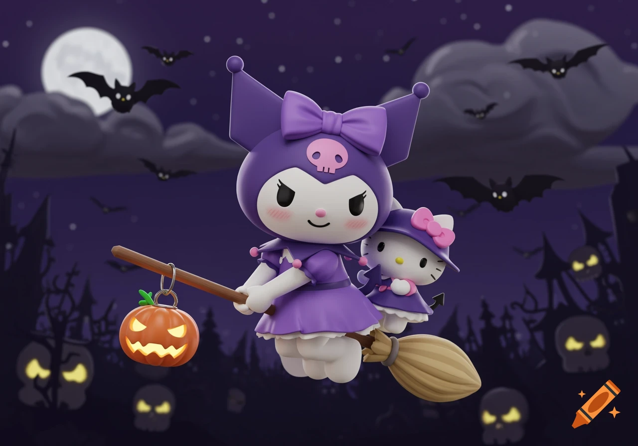 3D render of Kuromi and Hello Kitty flying on a broomstick at night with bats, skulls, and a jack-o'-lantern.