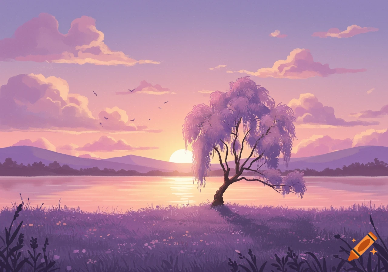 Pastel landscape with a weeping willow tree by a lake at sunset, with mountains and birds.