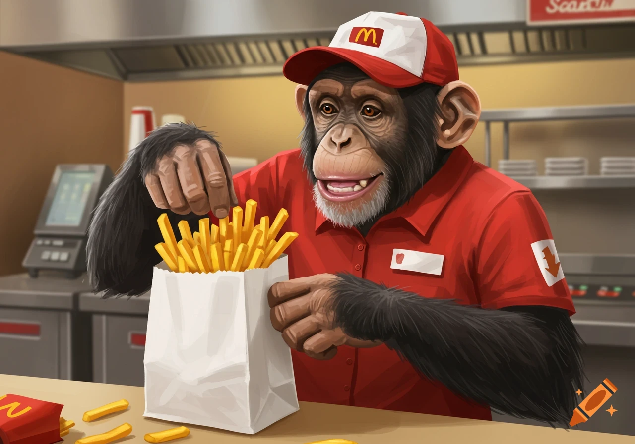 Digital illustration of a chimpanzee in a fast food uniform putting fries into a paper bag.