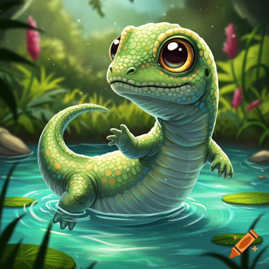 A cute green cartoon lizard with big eyes swims in a pond with lily pads.