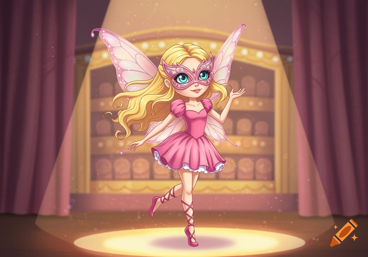 A cartoon fairy with blonde hair wearing a pink dress and mask stands on a stage.