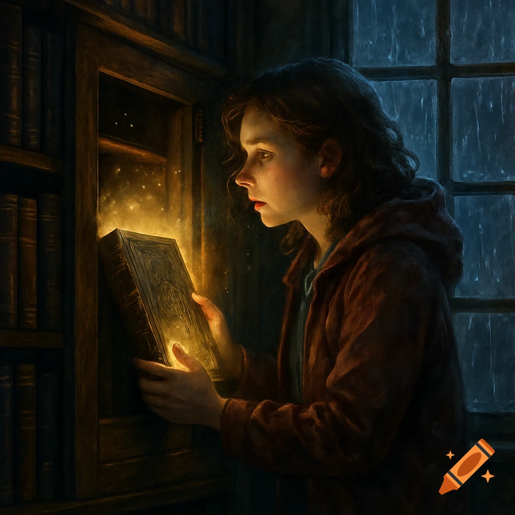 Young person looks at a glowing book in a dark library with rain outside.