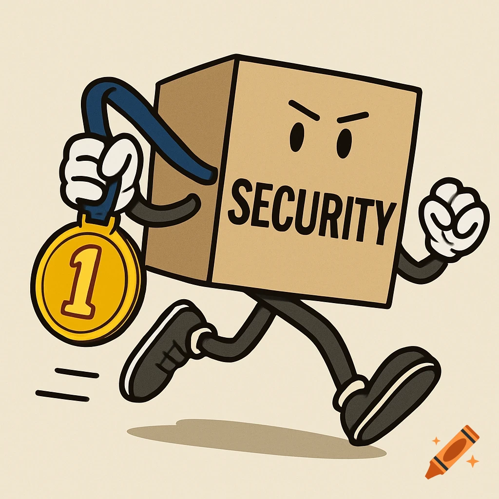 Cartoon box character labeled SECURITY runs holding a gold medal.