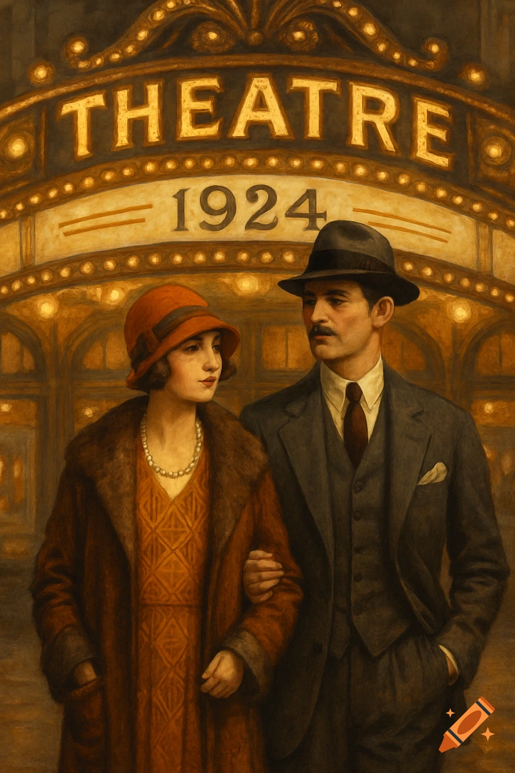 Painterly image of a couple in 1920s clothing standing before a theater marquee reading 'THEATRE 1924'.