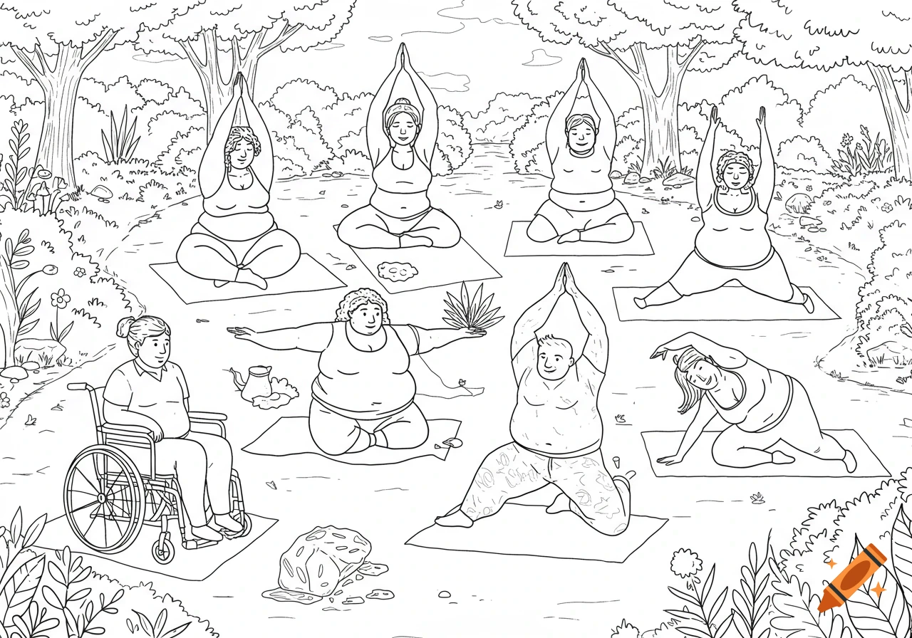 Line drawing of diverse people doing yoga outdoors, including someone in a wheelchair.