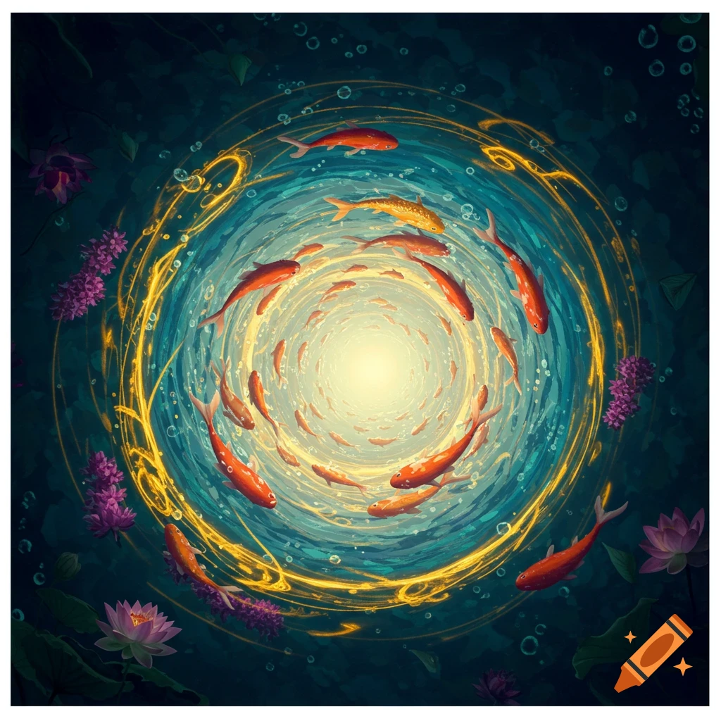 Orange and yellow carp swim in a swirling vortex of blue water and golden light, surrounded by purple flowers and lotus pads.