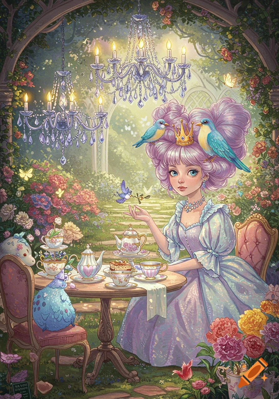 A whimsical queen with purple hair and birds in a flowing dress has tea in a lush fantasy garden.