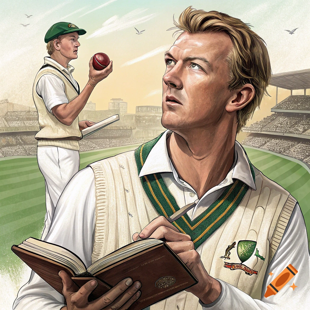 Illustration of two cricket players in a stadium, one writing in a book, the other holding a ball.
