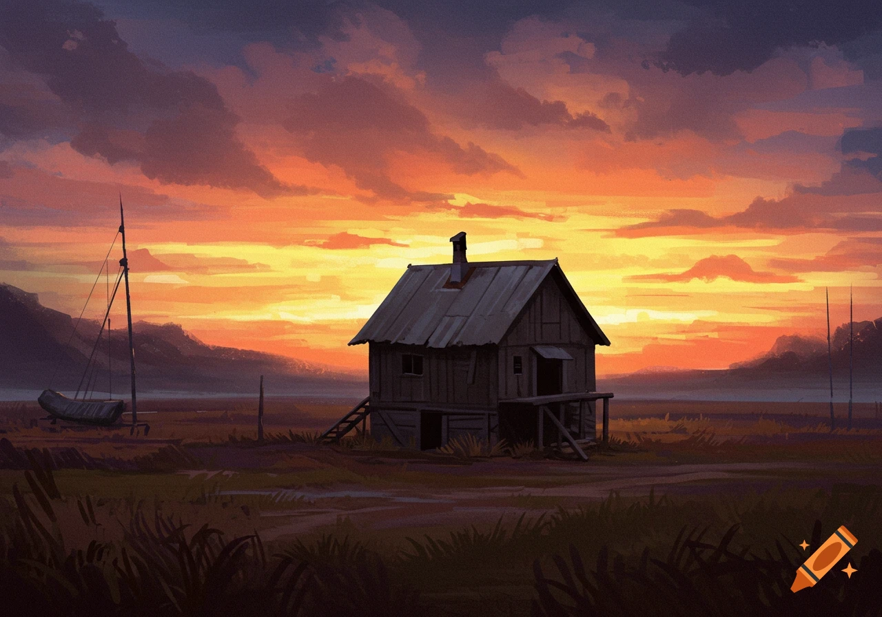 Digital painting of a cabin and boat in a field at sunset with dramatic clouds.