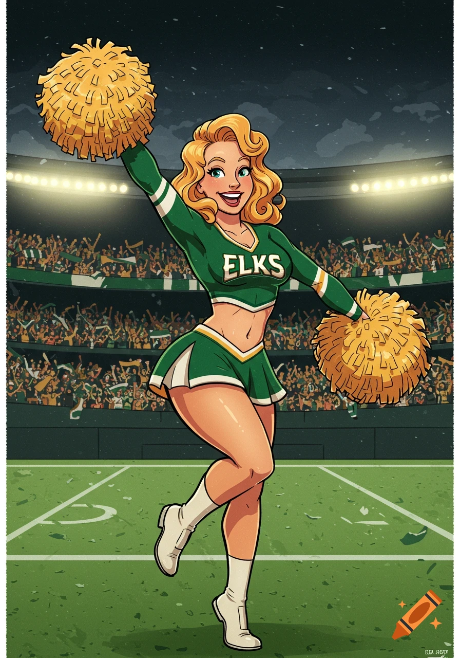 Cartoon cheerleader in green and gold uniform cheering in a stadium.