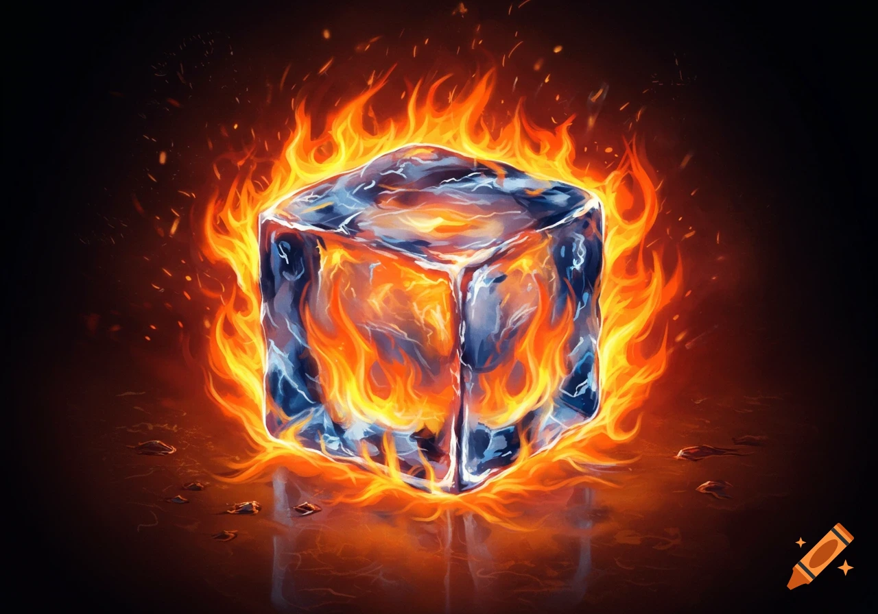A digital painting of an ice cube engulfed in vibrant orange and red flames on a dark background.