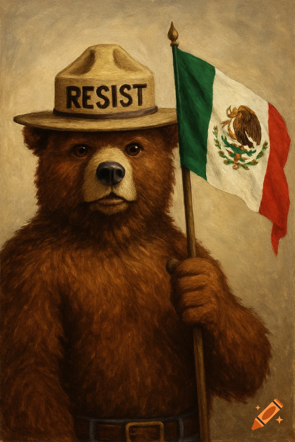 A bear wearing a hat with "RESIST" on it holds a Mexican flag. Painted style.