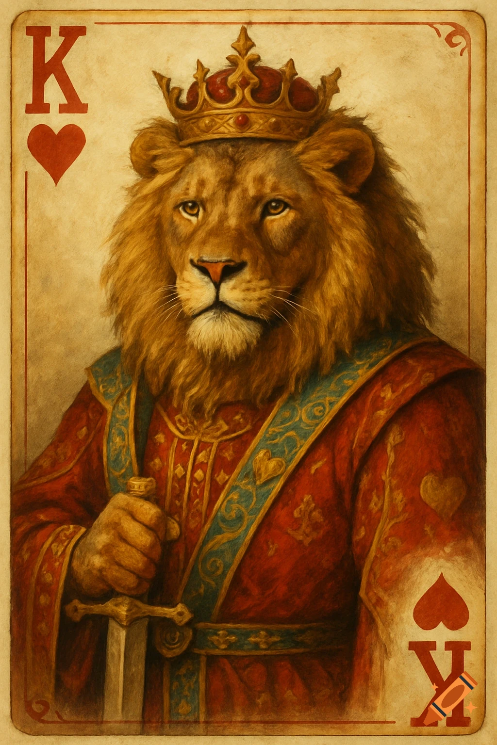 Illustration of a lion king on a King of Hearts playing card, holding a sword.