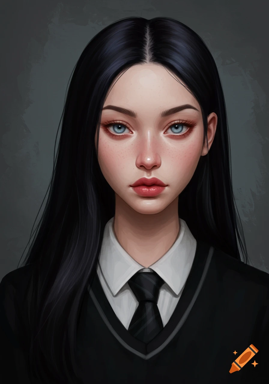 Digital painting portrait of a young woman with blue eyes and long black hair, wearing a white shirt, black tie, and black sweater vest.