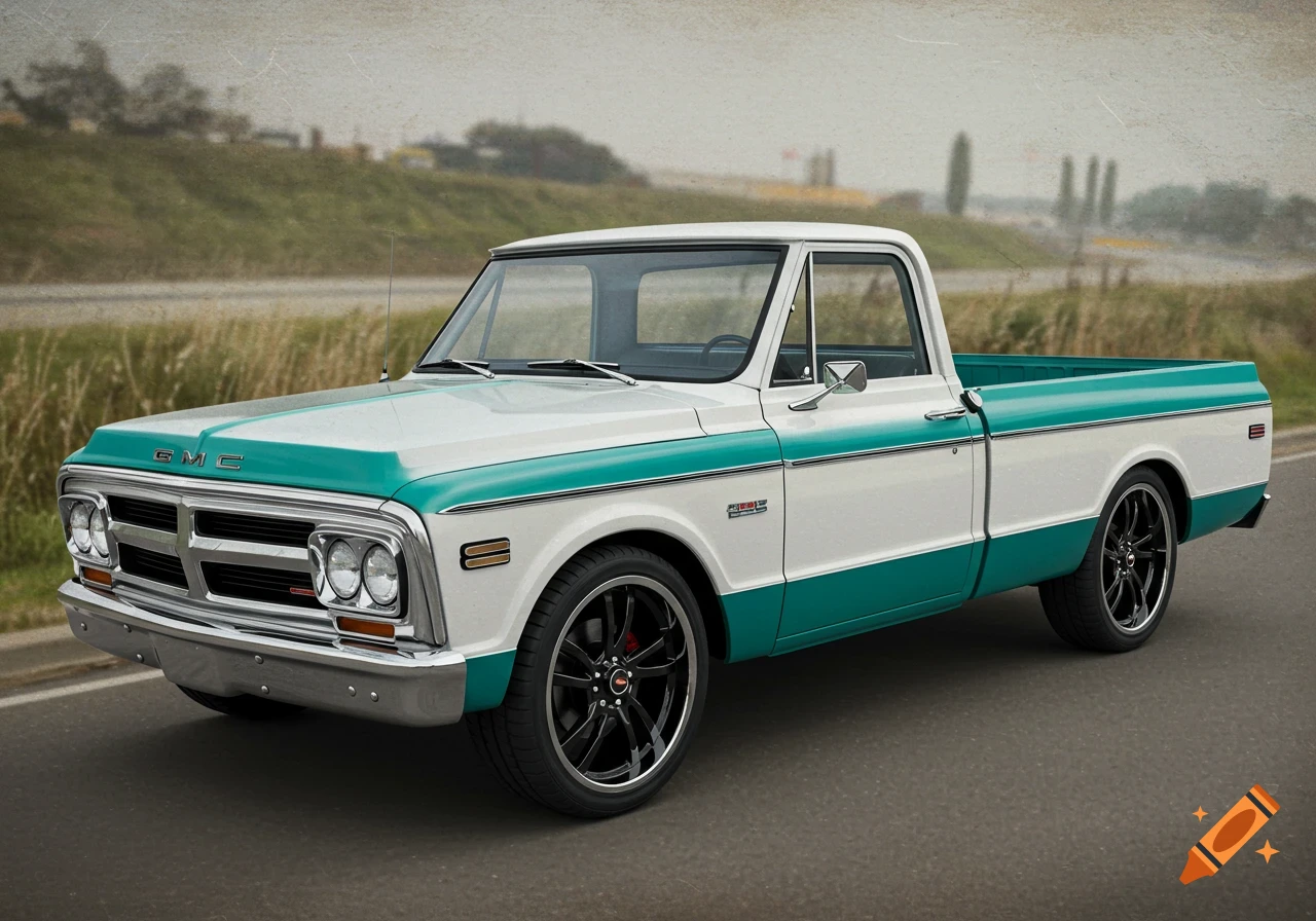 A white and teal classic GMC pickup truck with black rims sits on a road.
