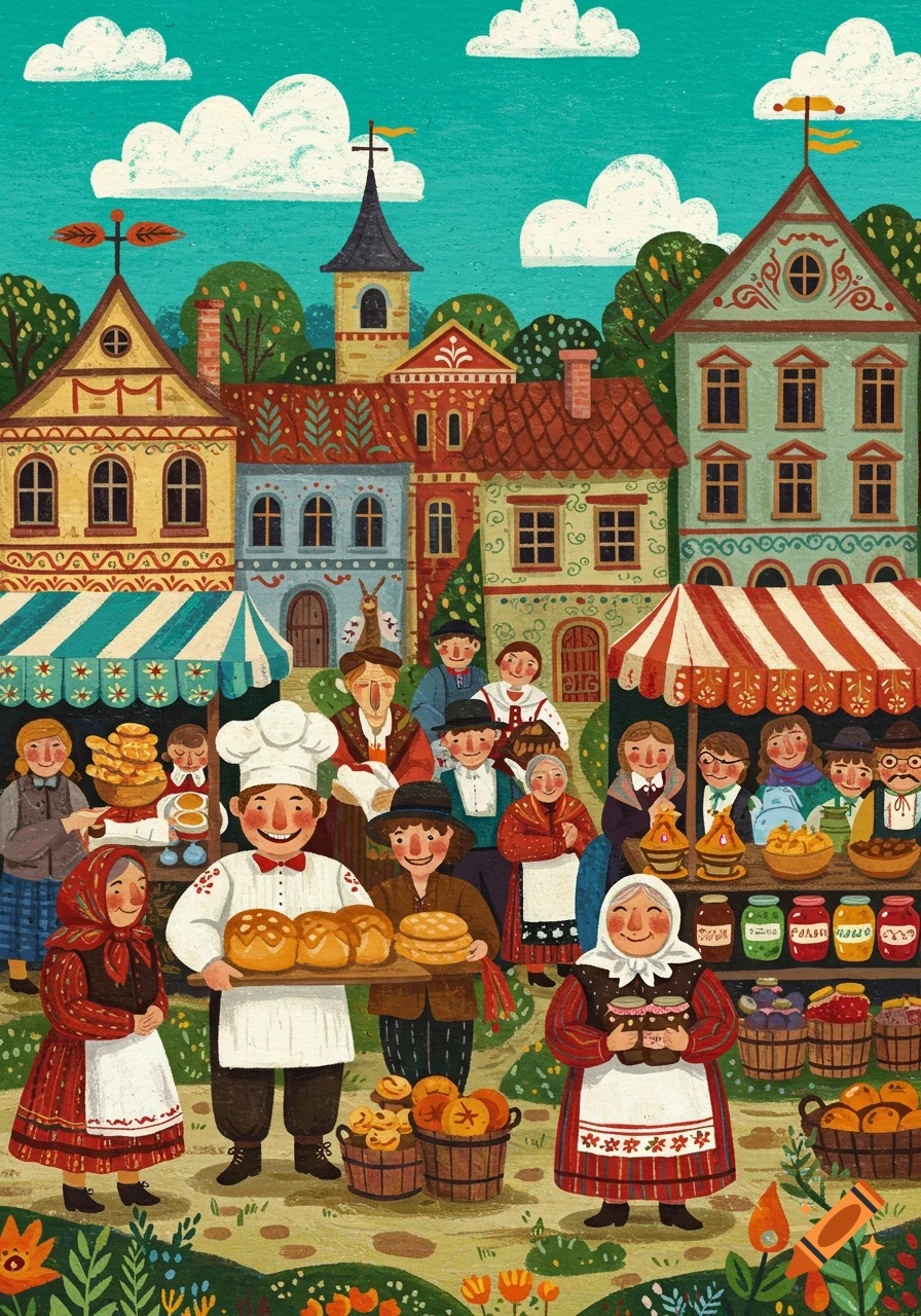 Folk art illustration of a busy village market with people, food stalls, and traditional buildings.