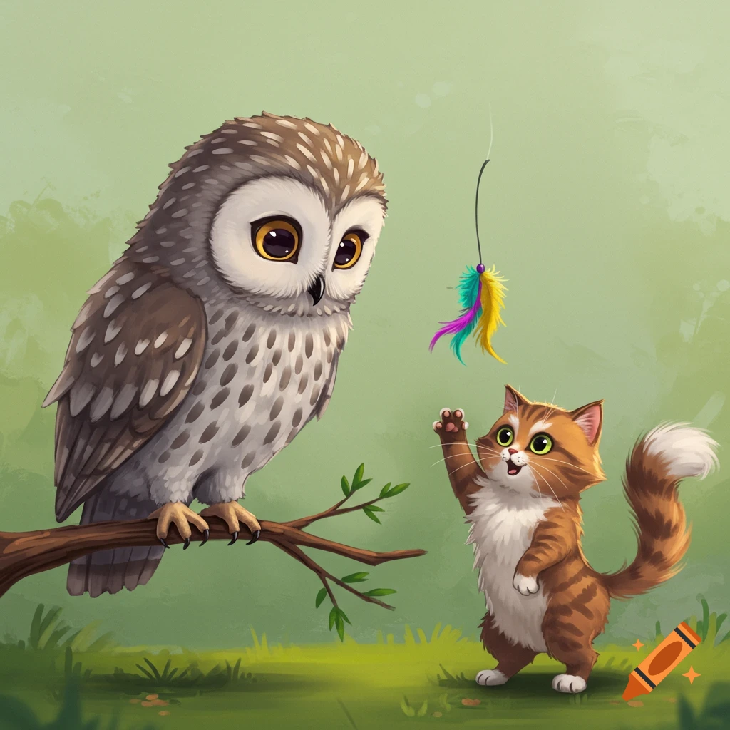 Cartoon illustration of an owl watching a cat play with a toy feather.