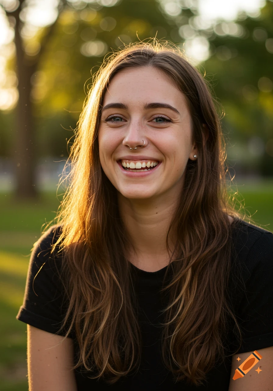 Young woman with brown hair and a septum ring smiles in a park at sunset.