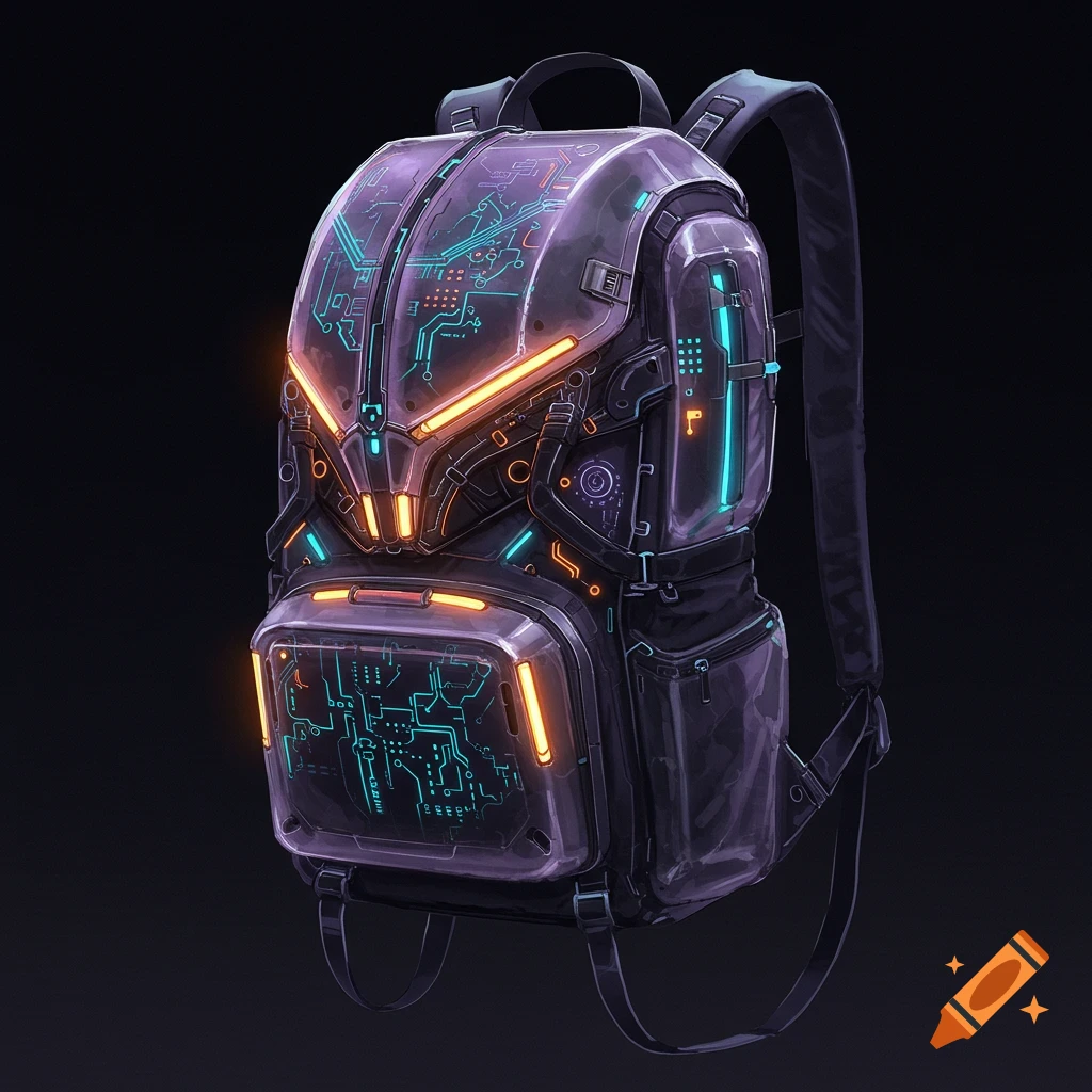 A futuristic backpack design with glowing orange and blue circuit board patterns on a dark background.