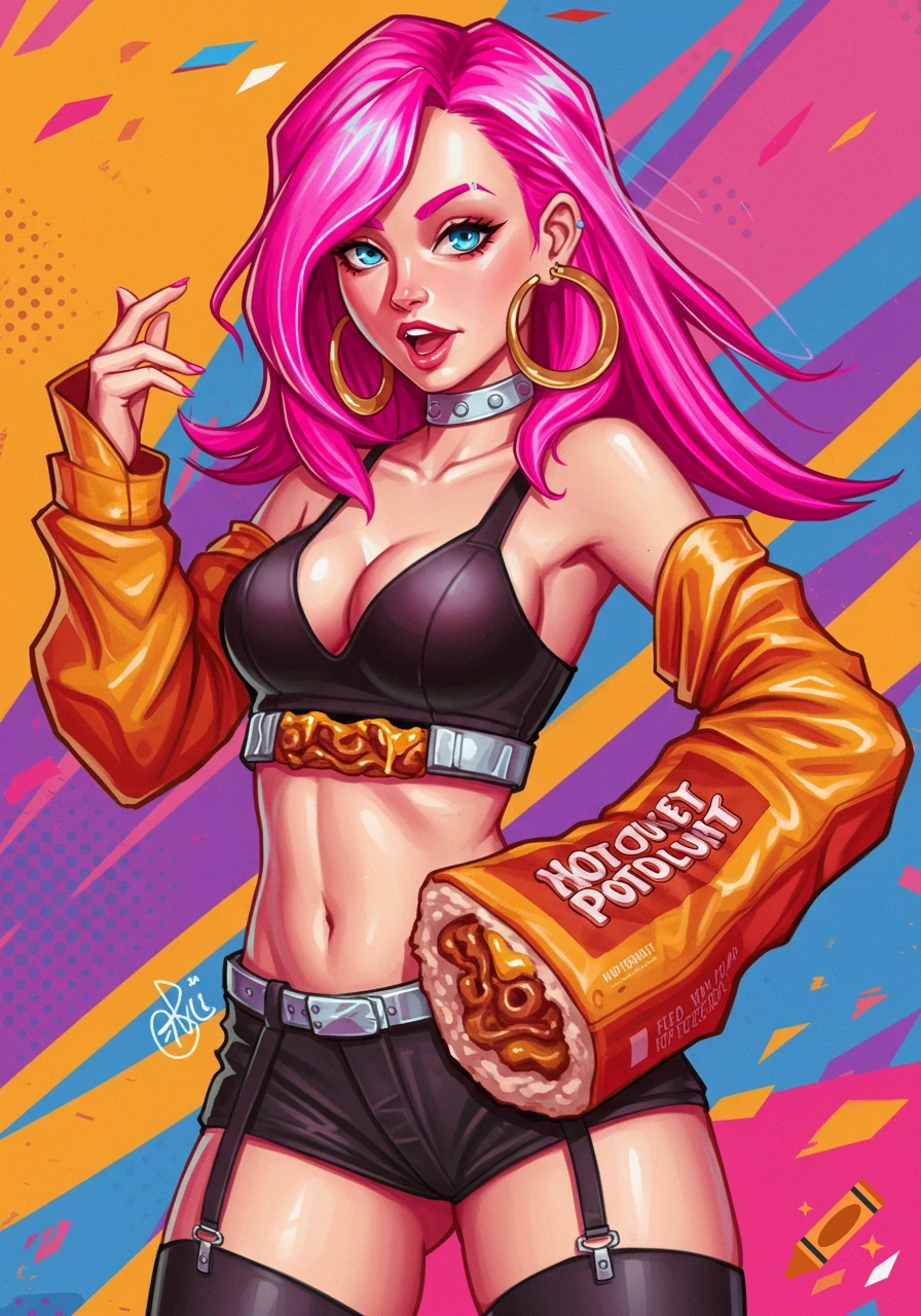 Colorful illustration of a woman with pink hair holding a large hot pocket-like item