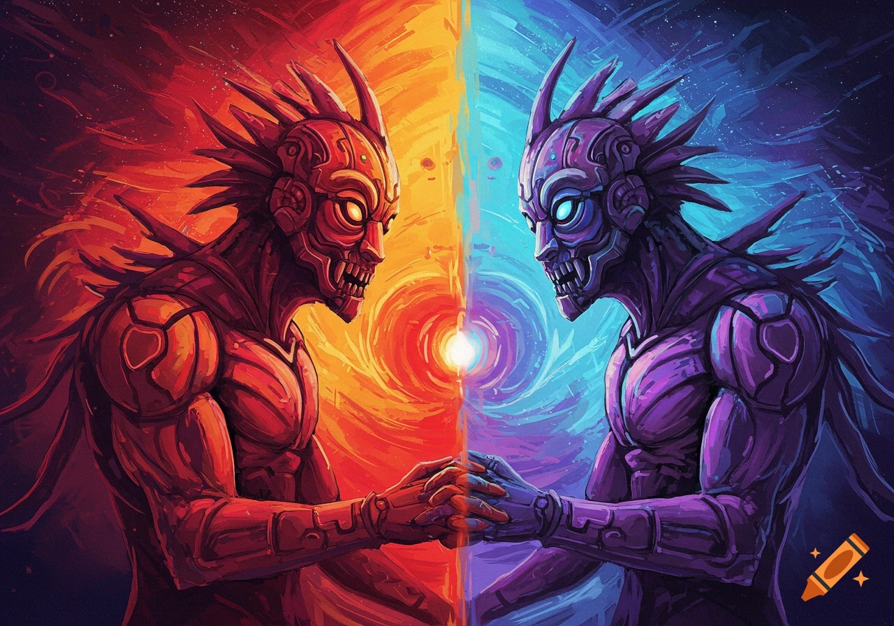 Two stylized sci-fi creatures, one red and one blue, hold hands against swirling backgrounds