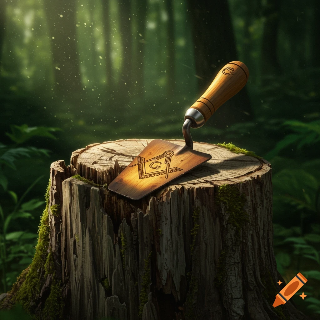 A wooden trowel with the Masonic Square and Compasses symbol rests on a tree stump in a sun-dappled forest.