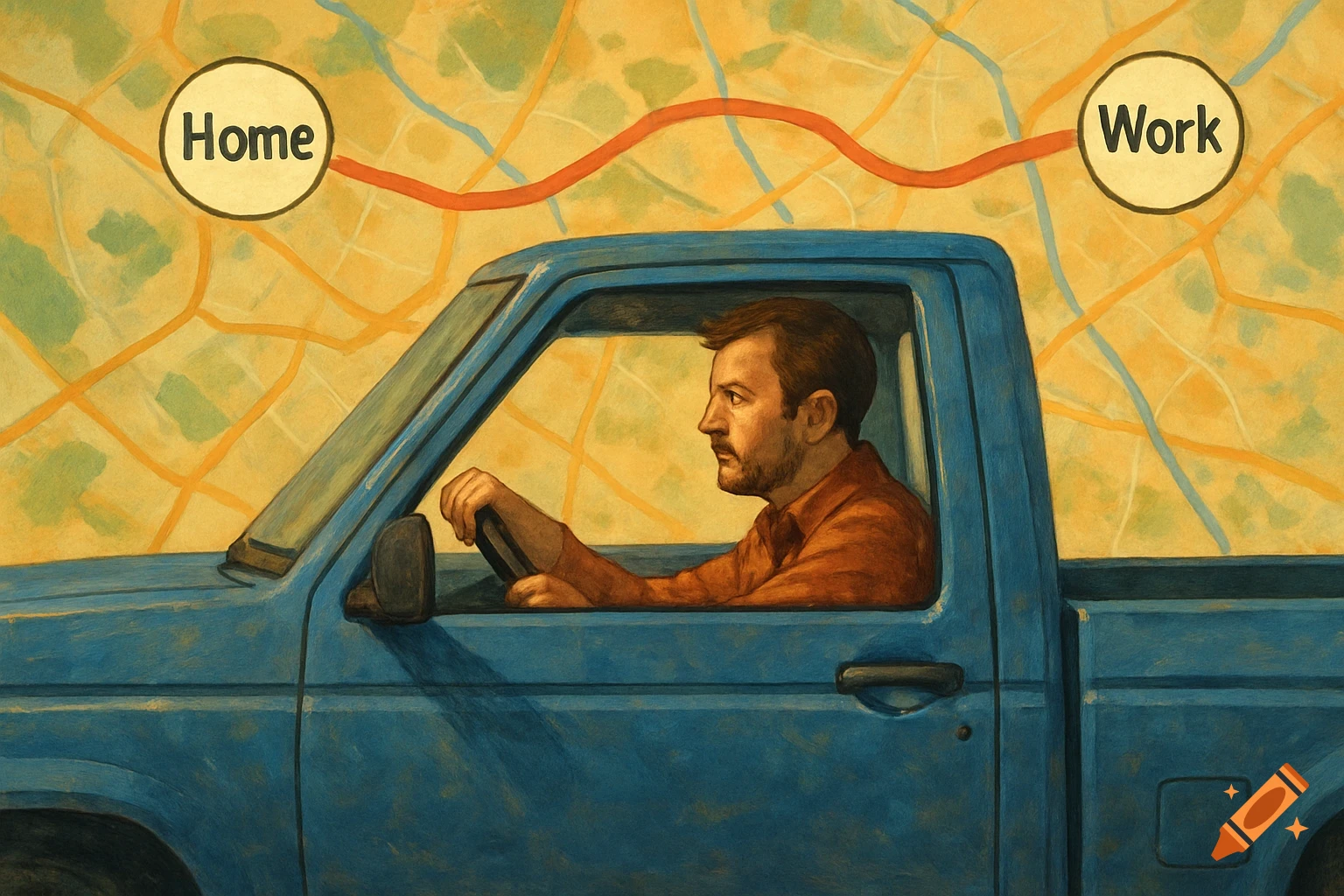 Painting of a man driving a blue pickup truck against a map background showing a route from Home to Work.