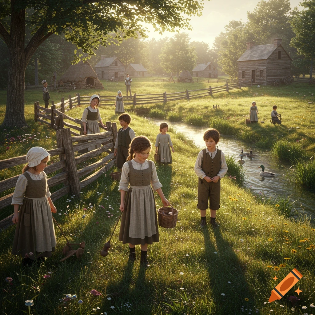 Children in colonial clothing play in a sunlit rural village by a stream.