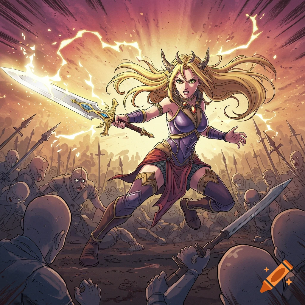 Female warrior with glowing sword fighting undead horde in comic book style