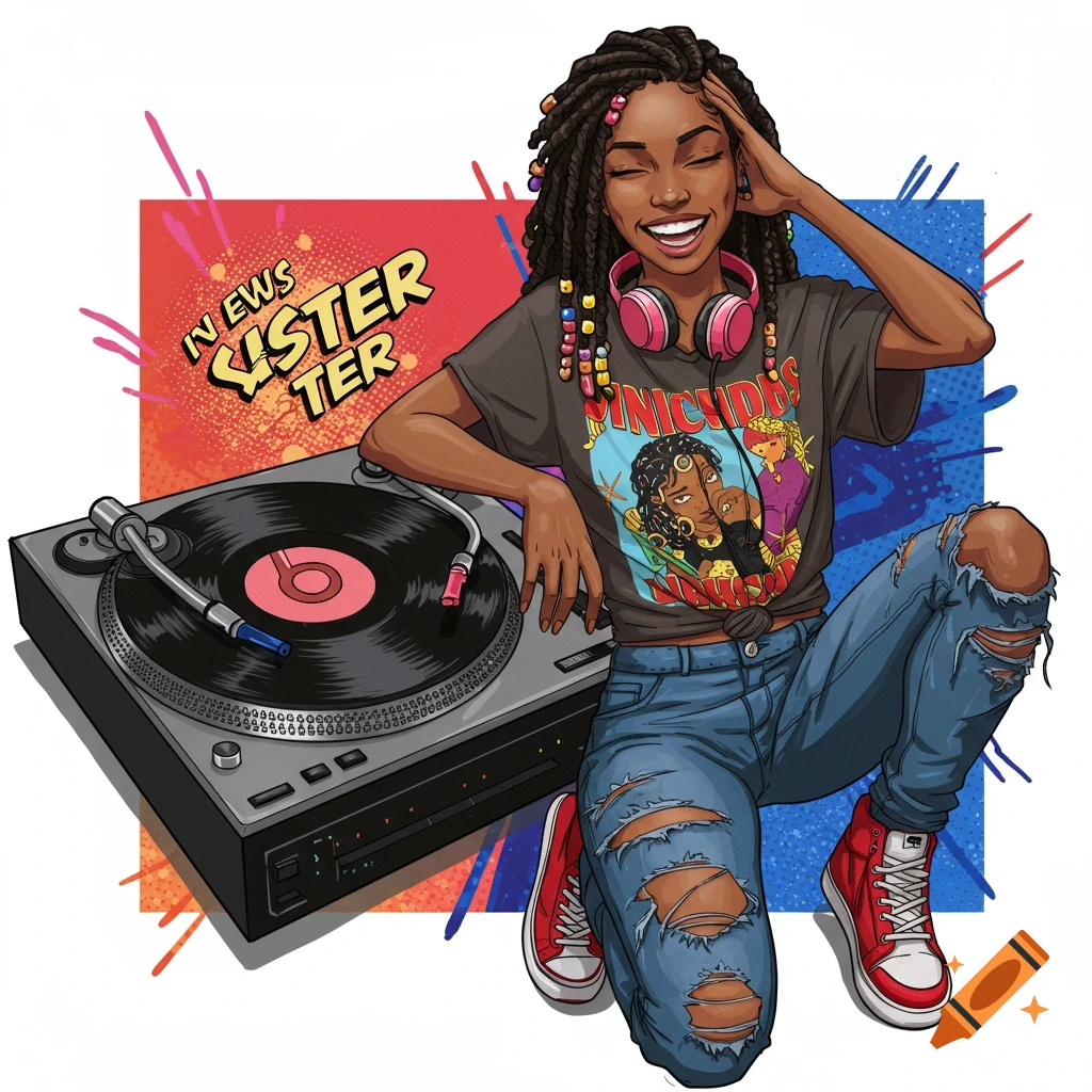 Cartoon illustration of a smiling Black woman with ripped jeans and headphones posing with a turntable.