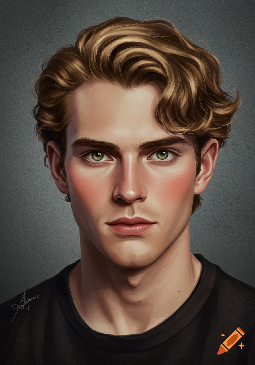 Digital painting of a young man with wavy brown hair, green eyes, and rosy cheeks, wearing a black shirt.