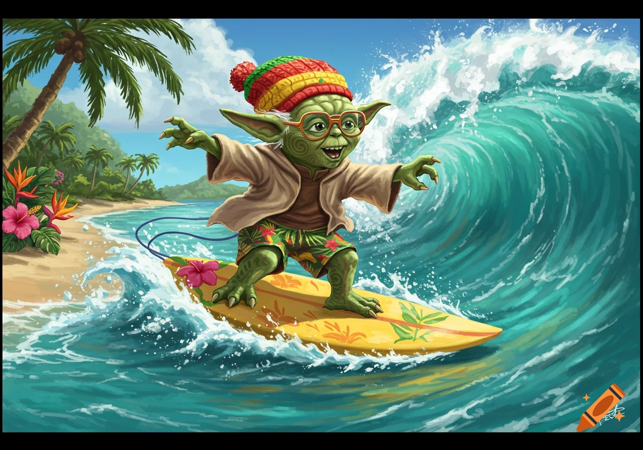 Yoda wearing a Rasta hat and shorts surfs a wave on a tropical beach.