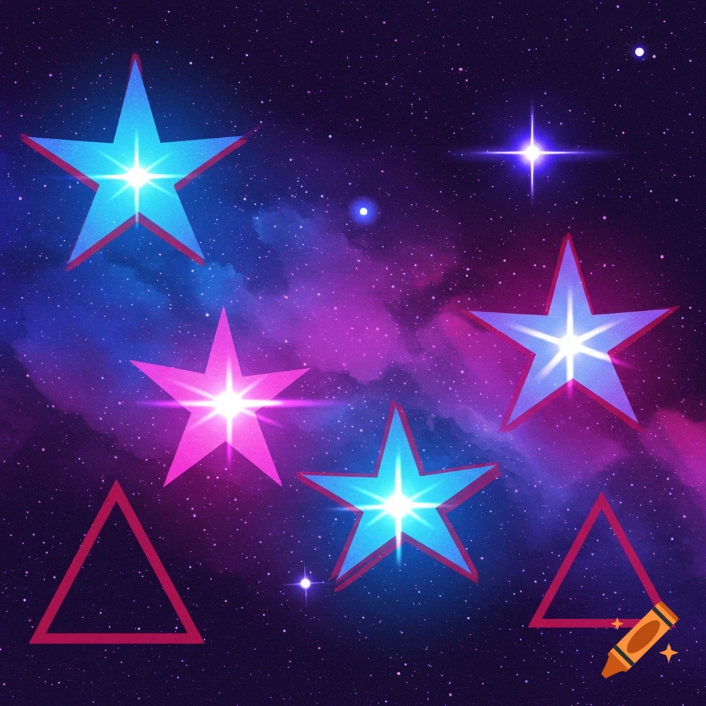Five stylized stars and two triangle outlines on a space background with nebulas.