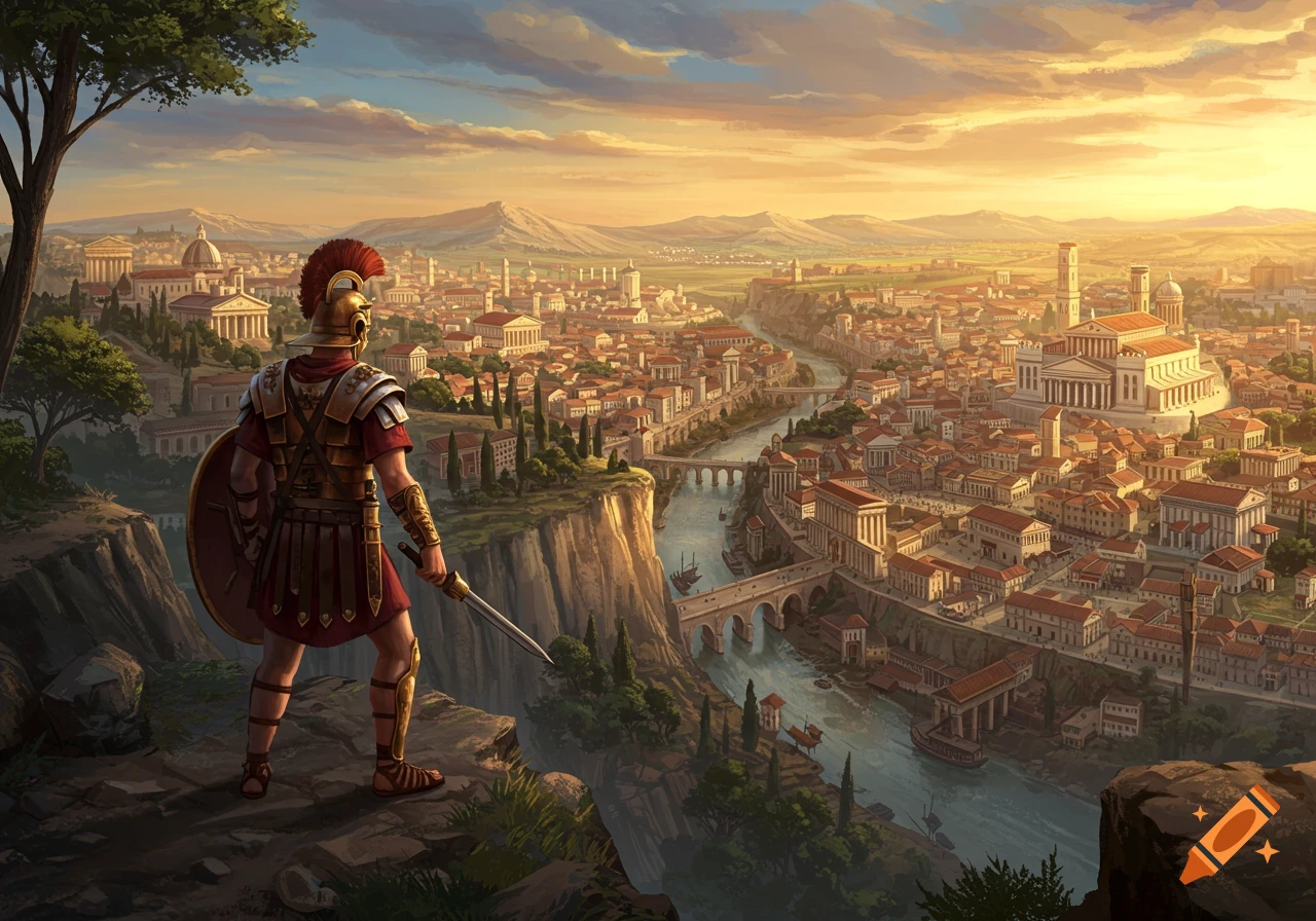 A Roman soldier stands on a cliff overlooking a vast ancient Roman city during sunset.
