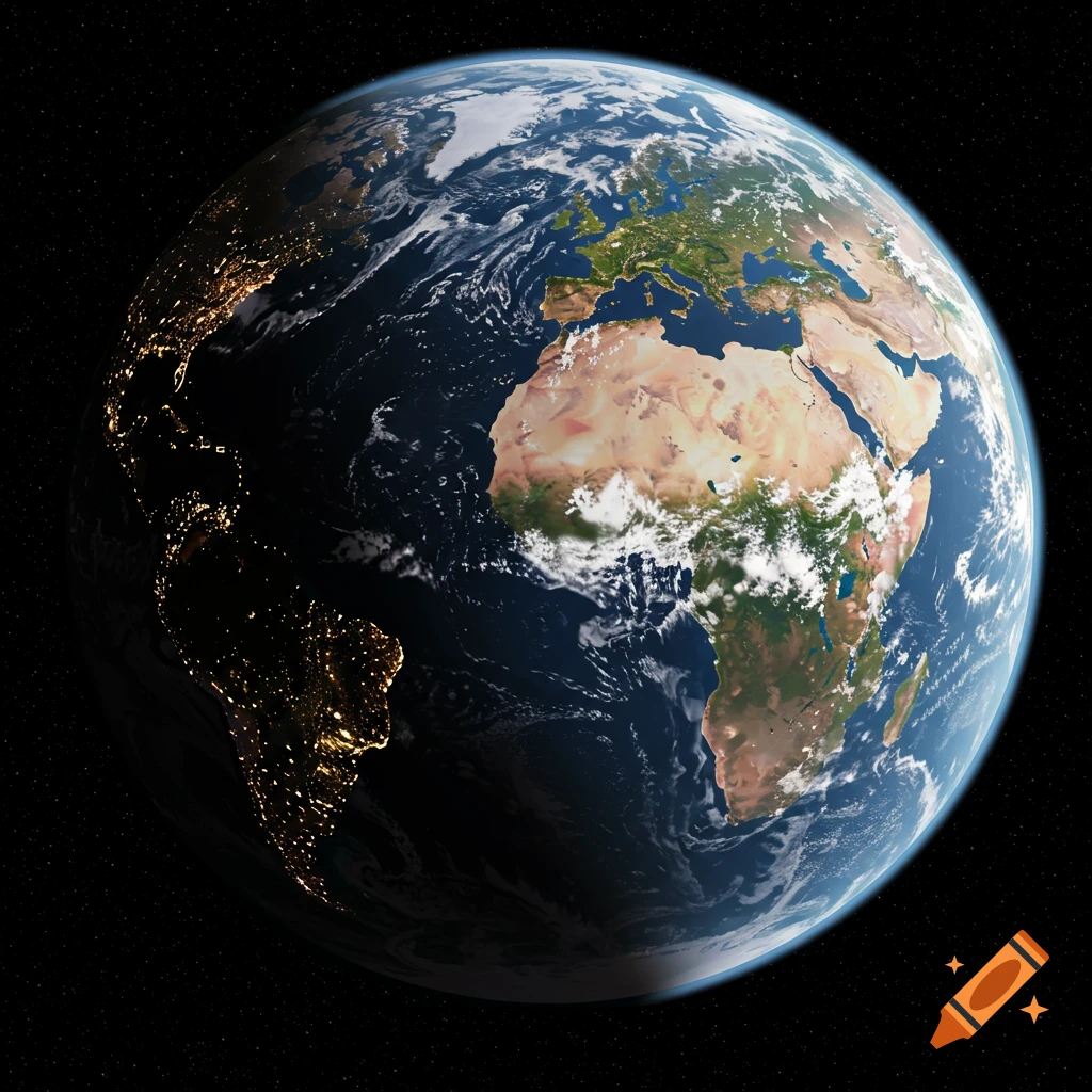 View of Earth from space showing continents and city lights.