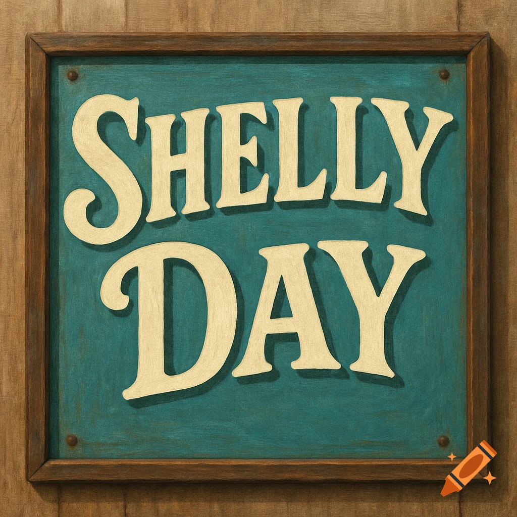 Rustic wooden sign with cream text reading SHELLY DAY on a teal background.