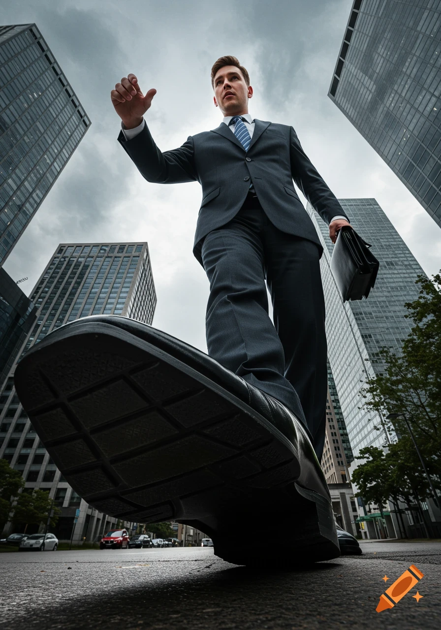 Low angle view of a giant businessman in a suit about to step down, towering over the viewer on a city street with skyscrapers.