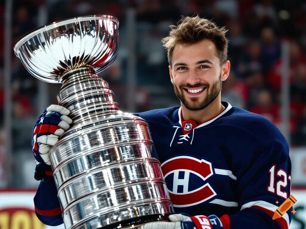 A hockey player in a blue and red jersey holds a large silver trophy and smiles.