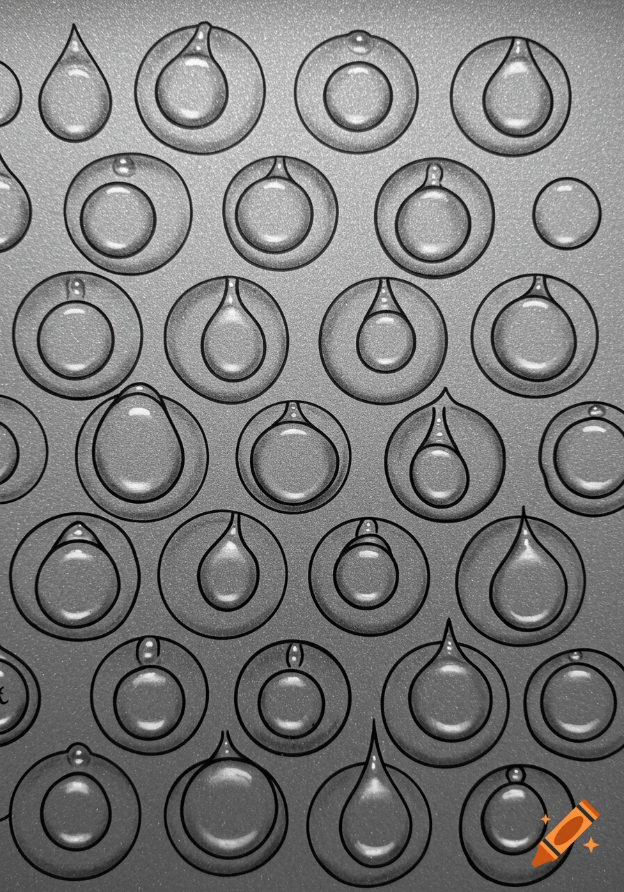 Black and white line art pattern of circles containing droplet shapes.