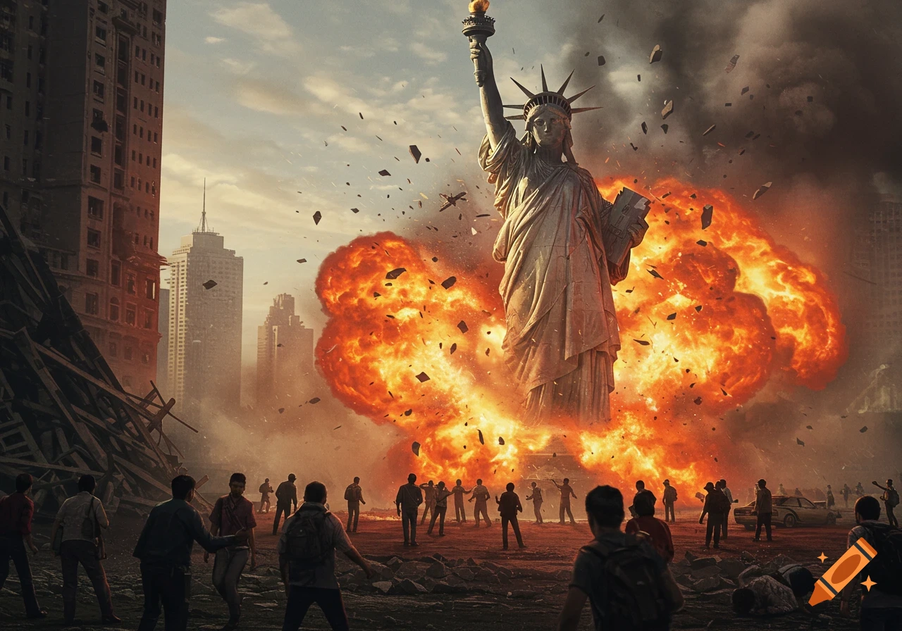 Statue of Liberty stands before a large explosion in a destroyed city with people looking on.