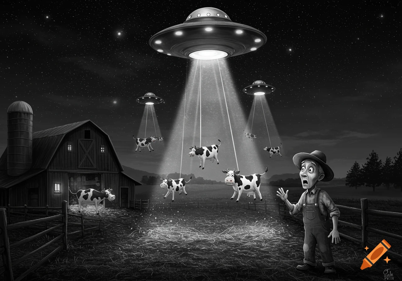 Black and white illustration of aliens in UFOs abducting cows from a farm as a farmer watches in surprise.