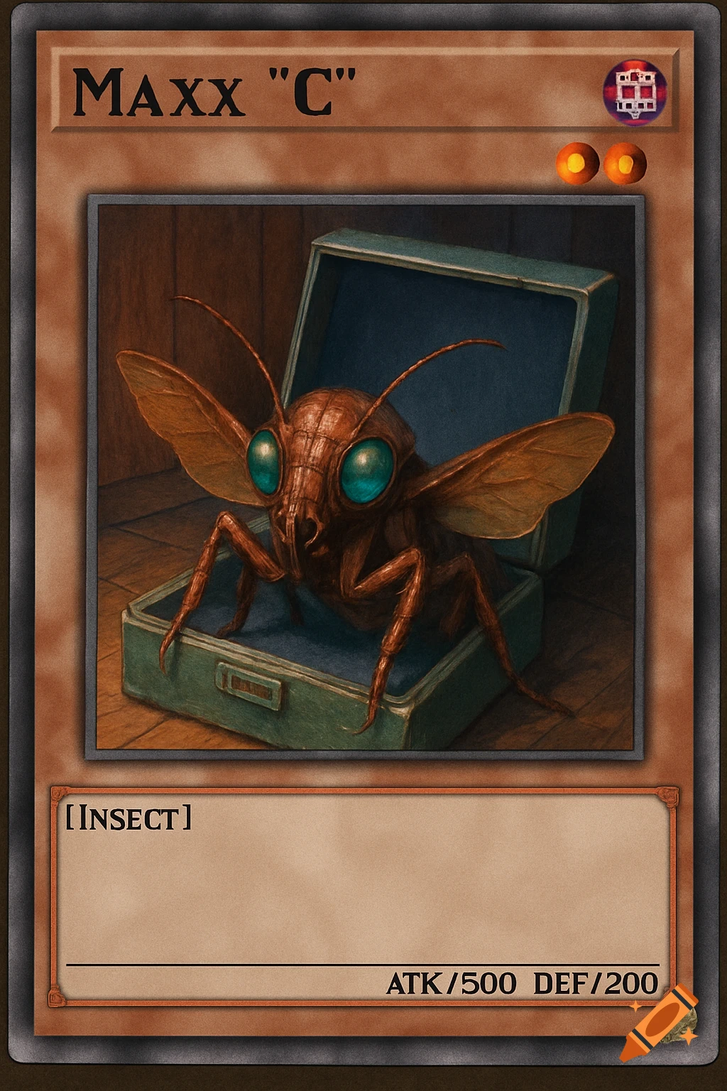 A Yu-Gi-Oh! trading card for "Maxx C" featuring a large brown insect with big teal eyes inside a small case. Illustrated style.