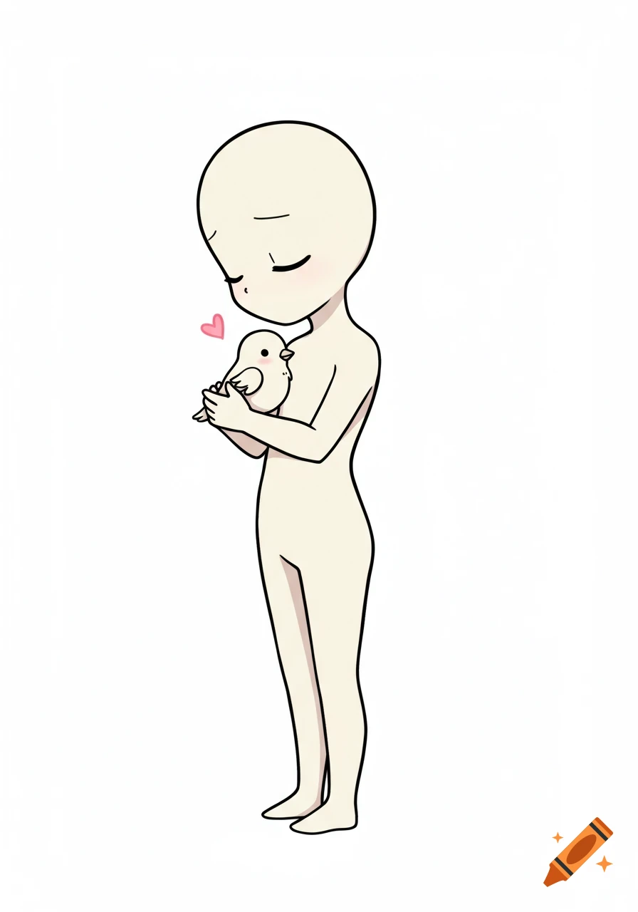 Chibi character base holding a small bird, cartoon style.