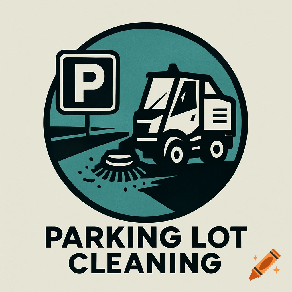 Logo for a parking lot cleaning business featuring a sweeper vehicle and parking sign.